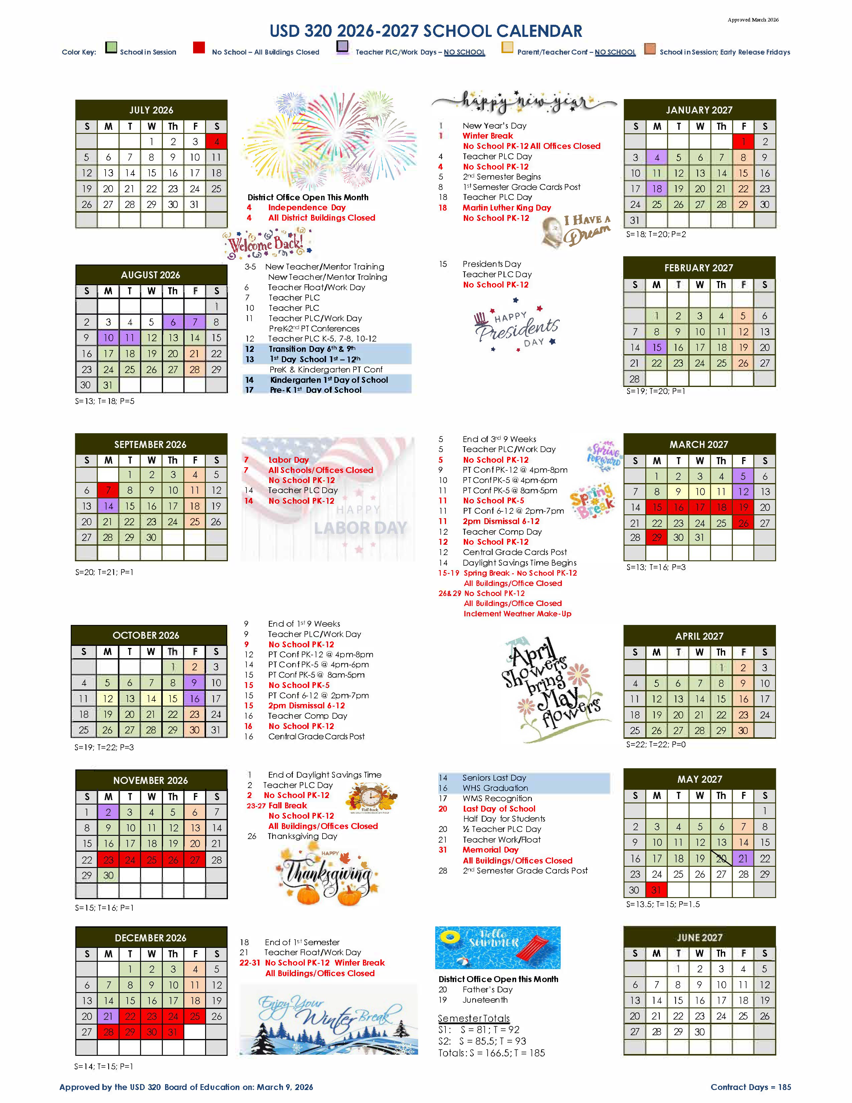 A comprehensive academic school year calendar detailing months, holidays, and important dates.